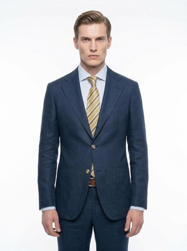 [2077] Cengizhan Baybars Textured Linen Suit Men (Navy, 46)