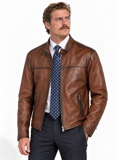 [5020-199] Score Smooth Leather Zip Jacket Men (S)
