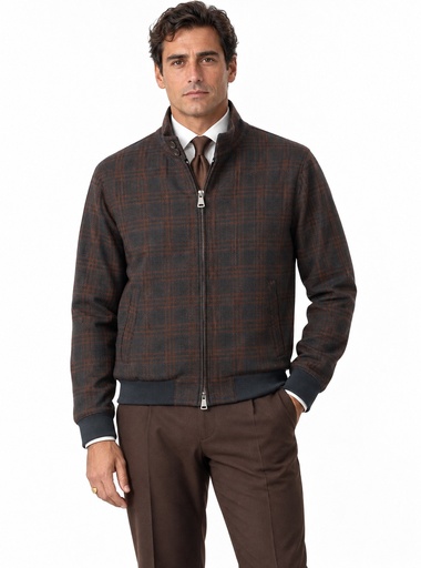 [5257] Score Checked Knit Full-Zip Sweater Men (S)