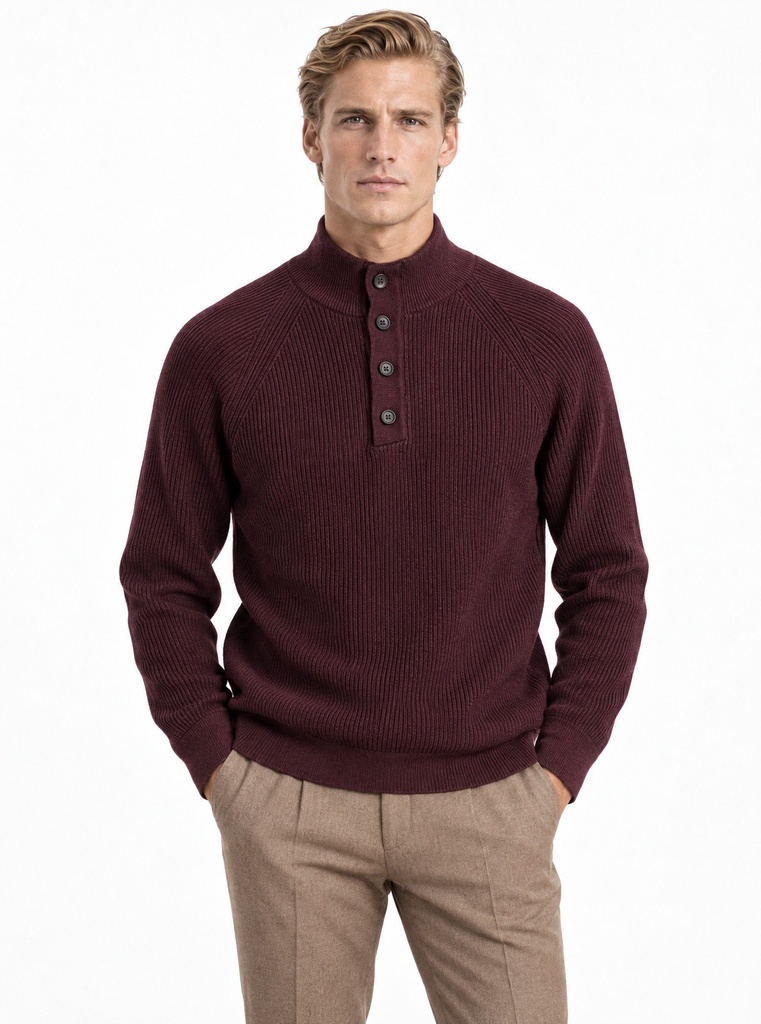 Frappoli Ribbed Knit Button Mock Neck Sweater Men