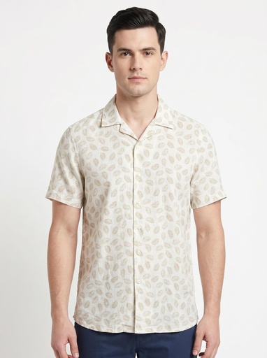 [1047] BGS Leaf Print Short Sleeve Shirt Men (Beige, S)
